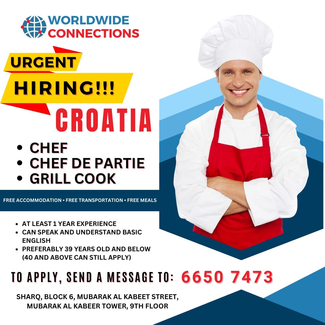 Urgent hiring CHEF, GRILL COOK, CHEF DE PARTIE bound to CROATIA!