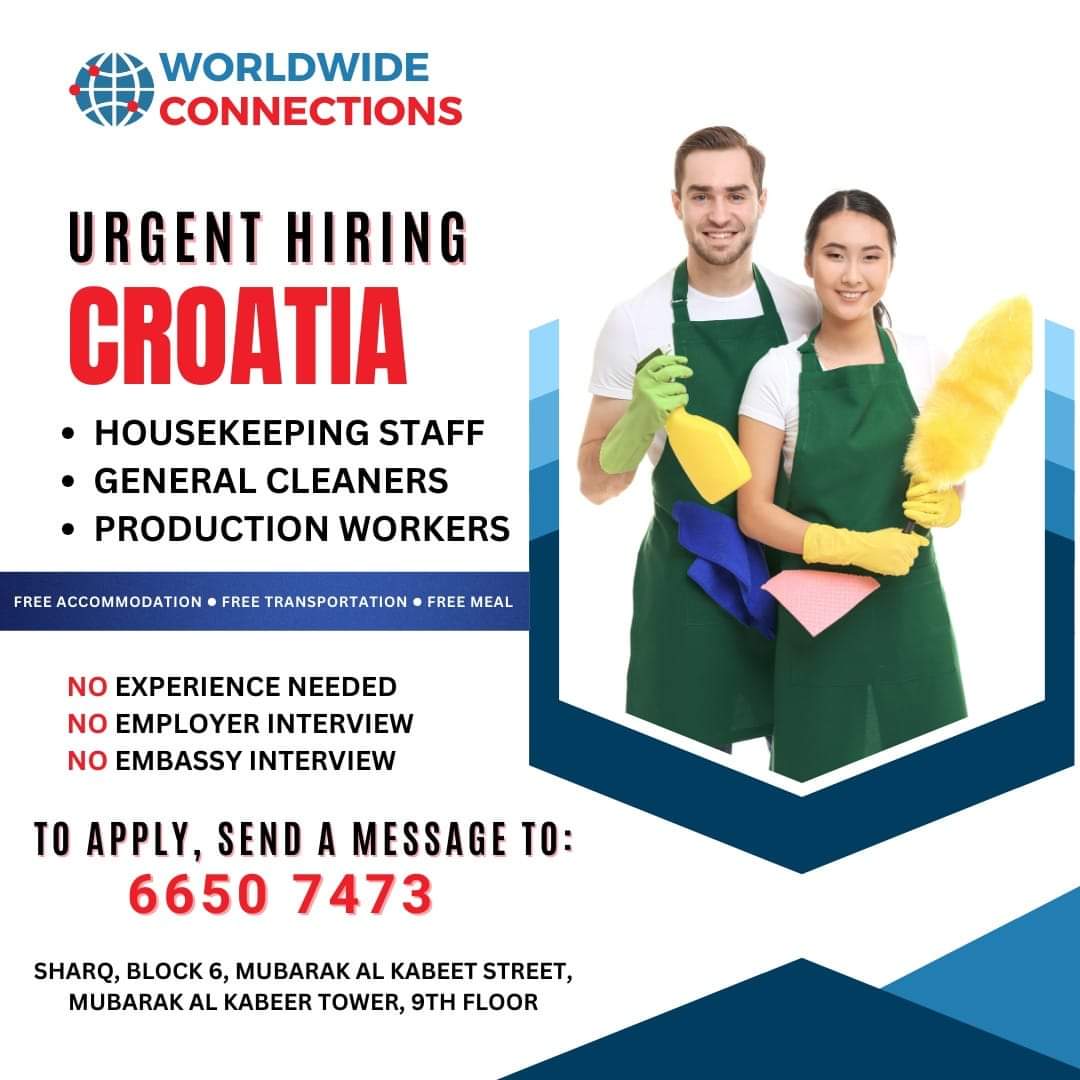 HIRING!!! Housekeeping Staff, General Cleaners, and Production Workers bound to CROATIA!