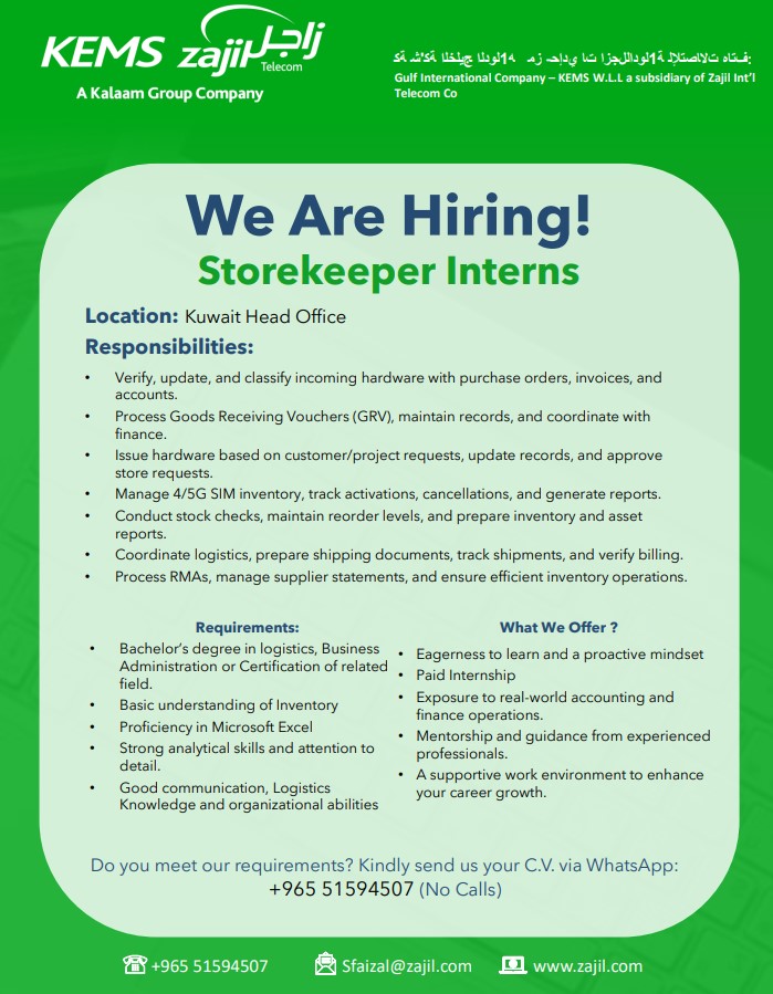 Storekeeper Internship Vacancy Available