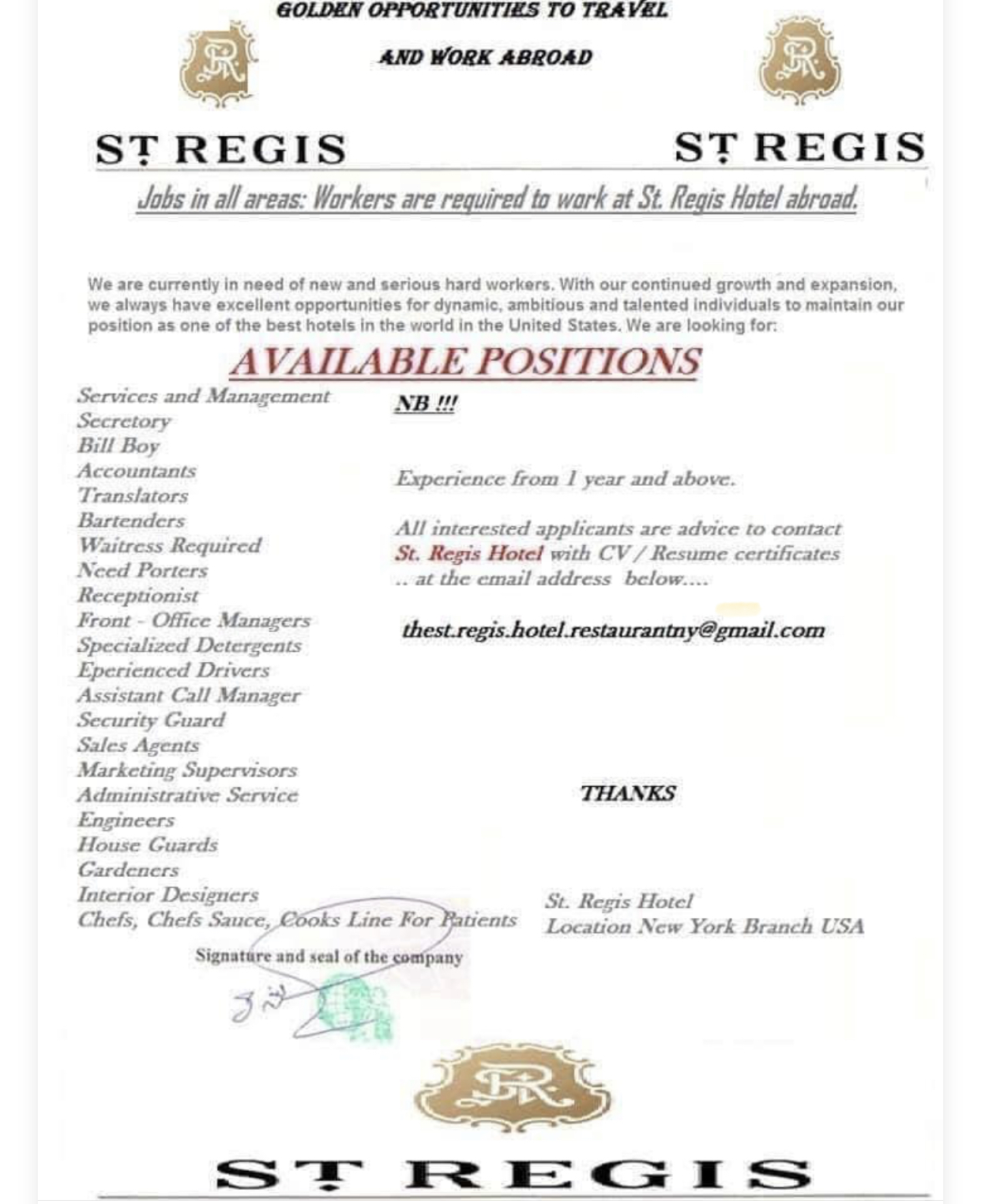 Receptionist Workers required to work at St. Regis Hotel