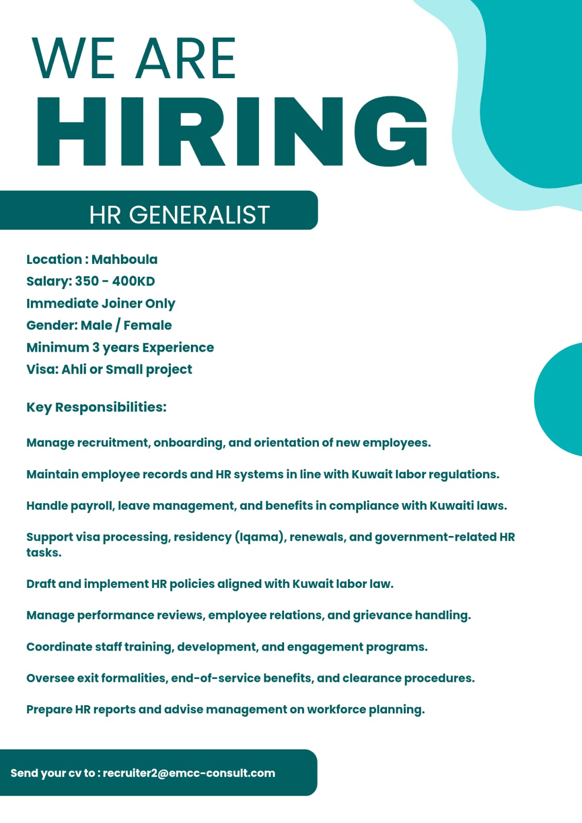 #Hiring - Hr Generalist (For Restaurant)