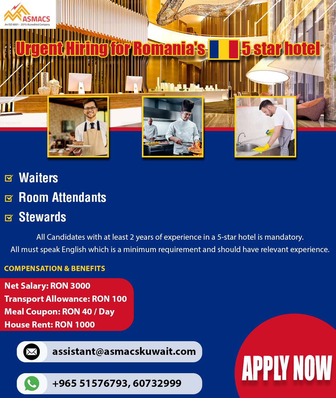we are hiring for Romania (FIVE STAR HOTEL)
