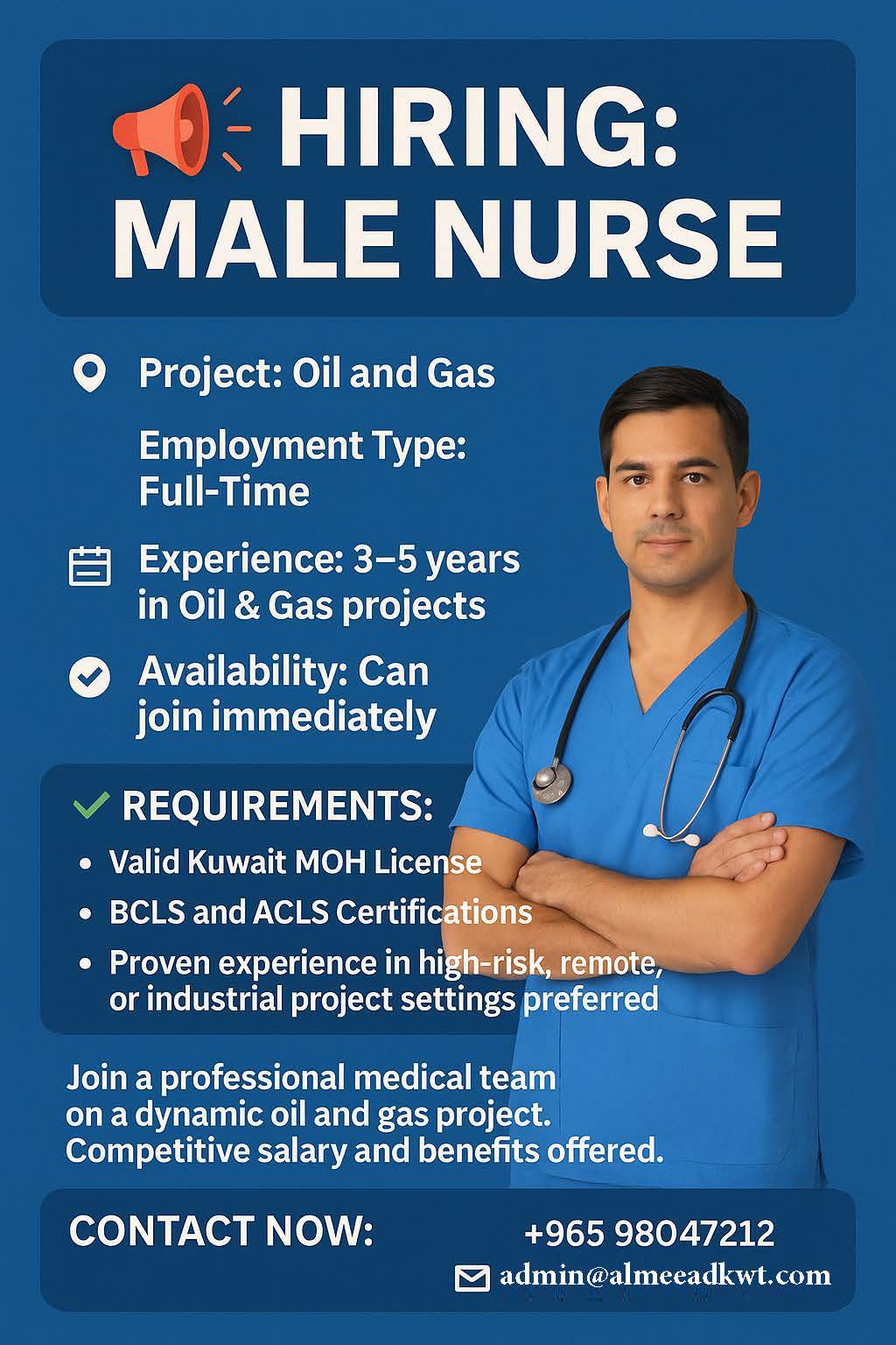 MALE NURSE FOR OIL AND RIG PROJECT 