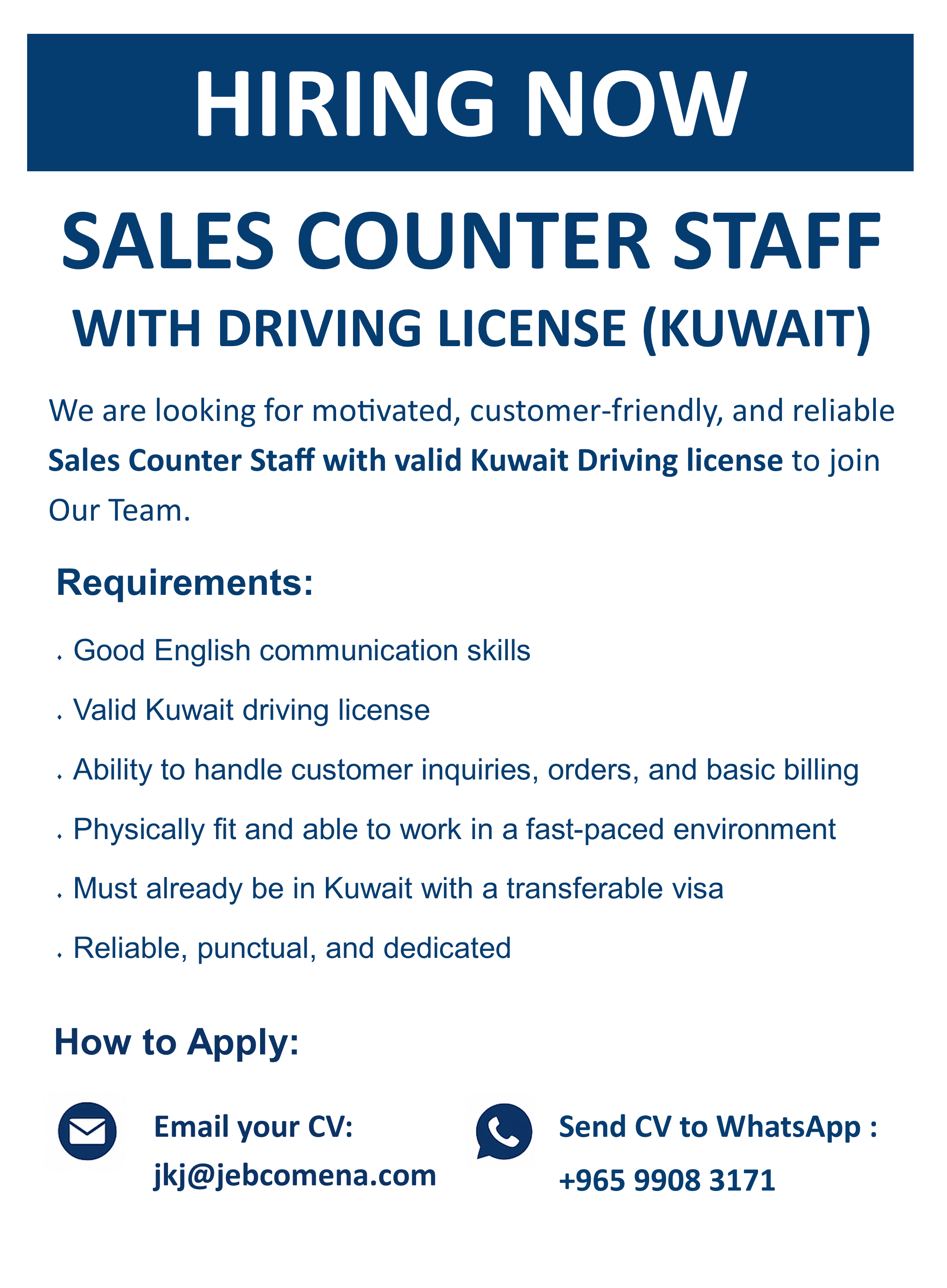 SALES COUNTER STAFF (WITH DRIVING LICENCE) – KUWAIT