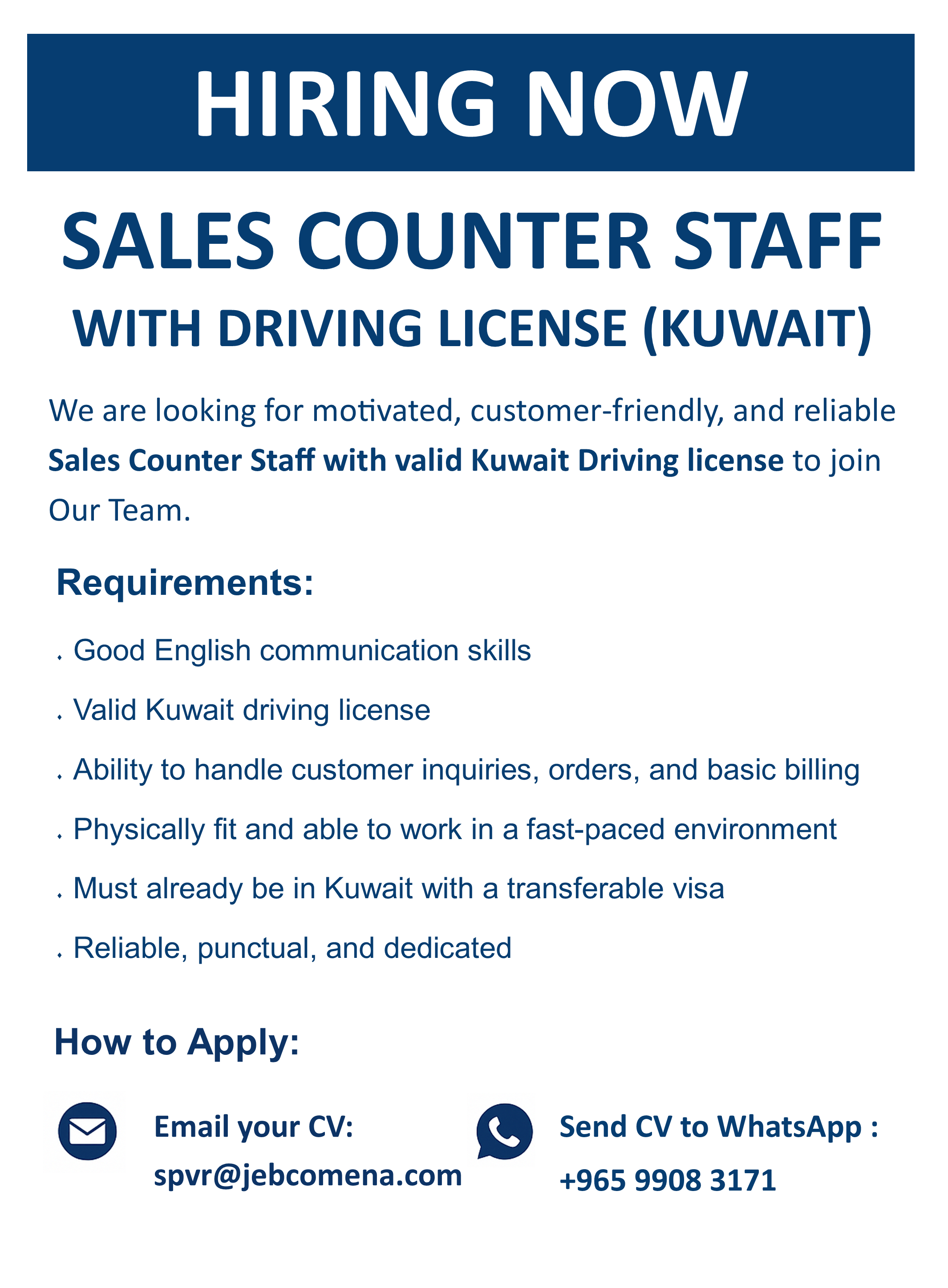 Sales Counter Staff (Kuwait) with Driving License