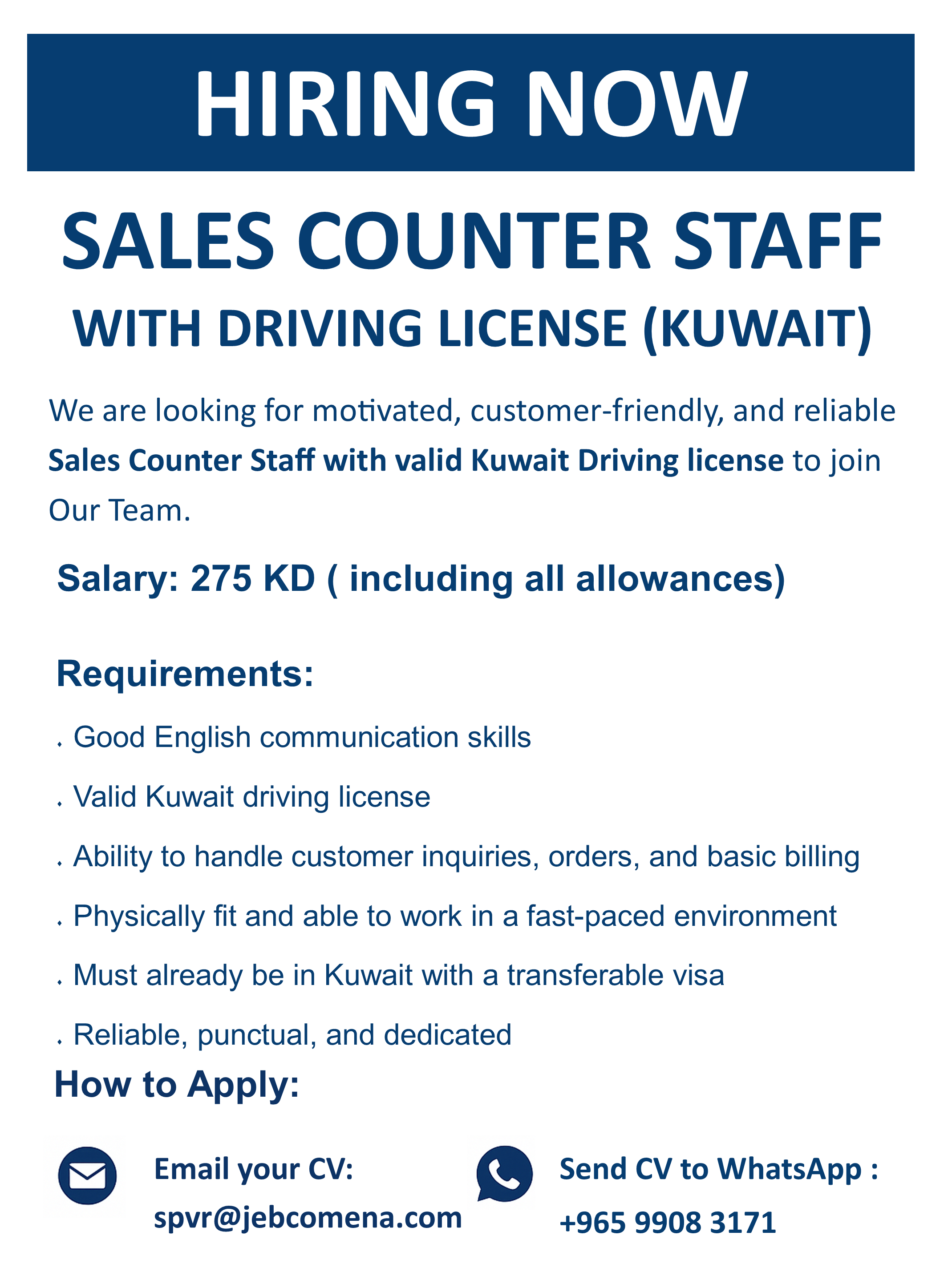 SALES COUNTER STAFF  WITH DRIVING LICENSE (KUWAIT)