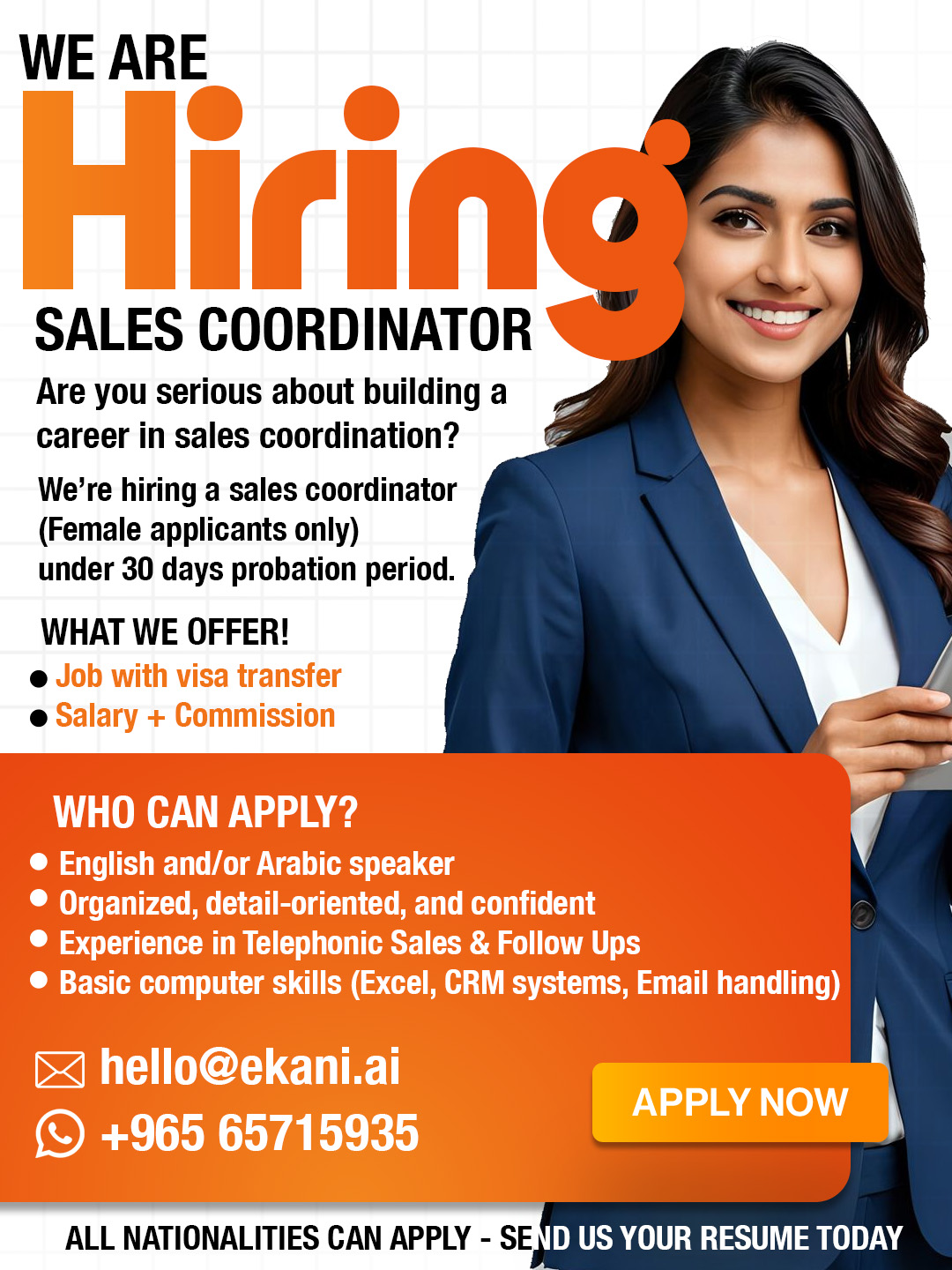 We are hiring a Sales Coordinator 