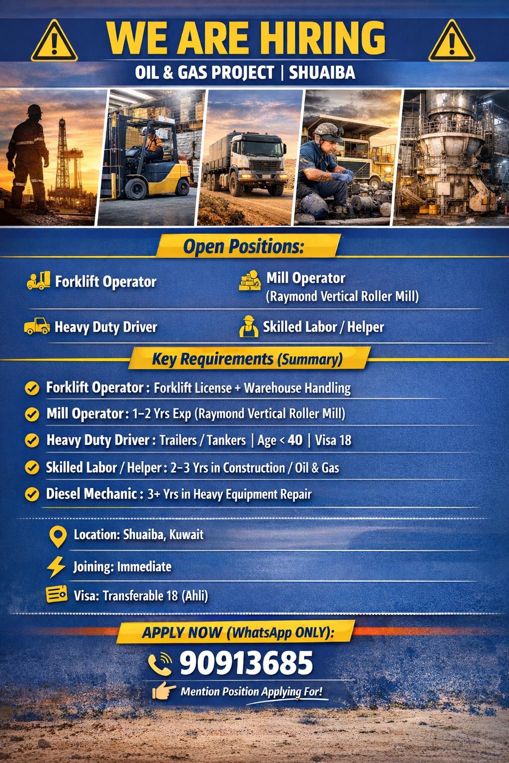 Forklift Operator ,Mill Operator (Raymond vertical roller mill), Heavy duty driver, Skilled Labor, Heavy Diesel Mechanic 