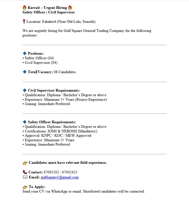 🔥 Kuwait &ndash; Urgent Hiring 🔥 Safety Officer | Civil Supervisor