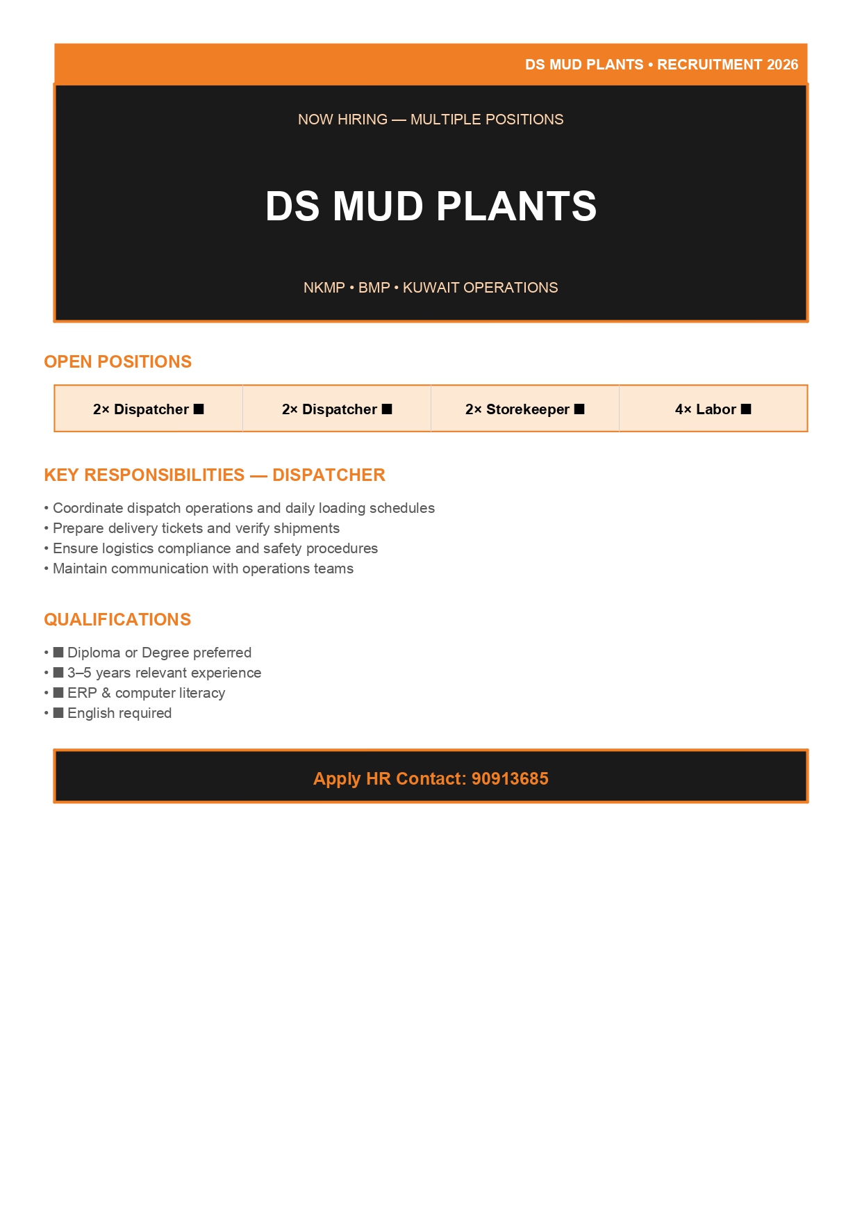  Dispatcher,Labour and Storekeeper (Warehouse and Mud plant)