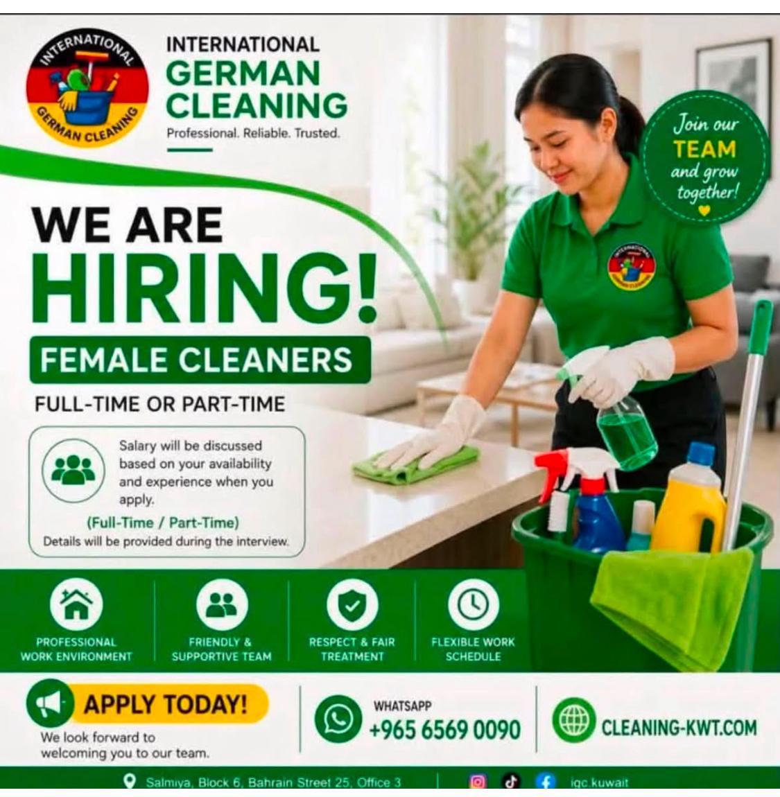 Hiring Part time or Full time Maids / Cleaners Immediately